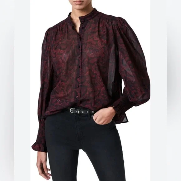 ALLSAINTS Leonie Stanza Shirt in Burgundy Red Python Sheer Print US Size 6 - Picture 16 of 17